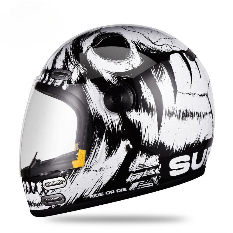 Bean's Moto Booth AMZ™ Demon Eye Retro Cruiser Helmet with bold demon eye graphics and vintage style full-face motorcycle helmet.