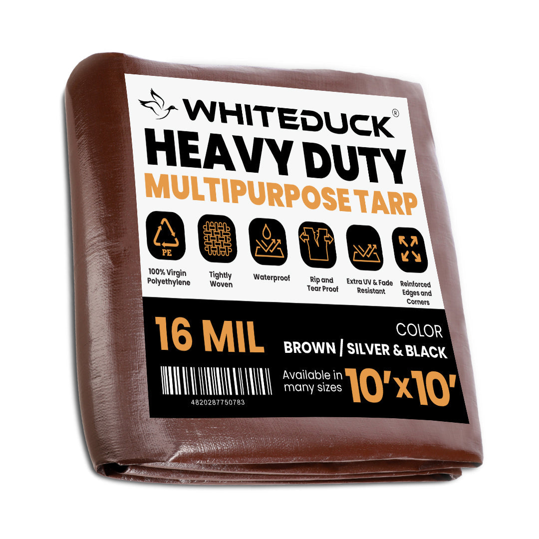 White Duck Outdoors 10x10-foot super heavy-duty poly tarp, 16 mil thick, durable waterproof outdoor protective cover.