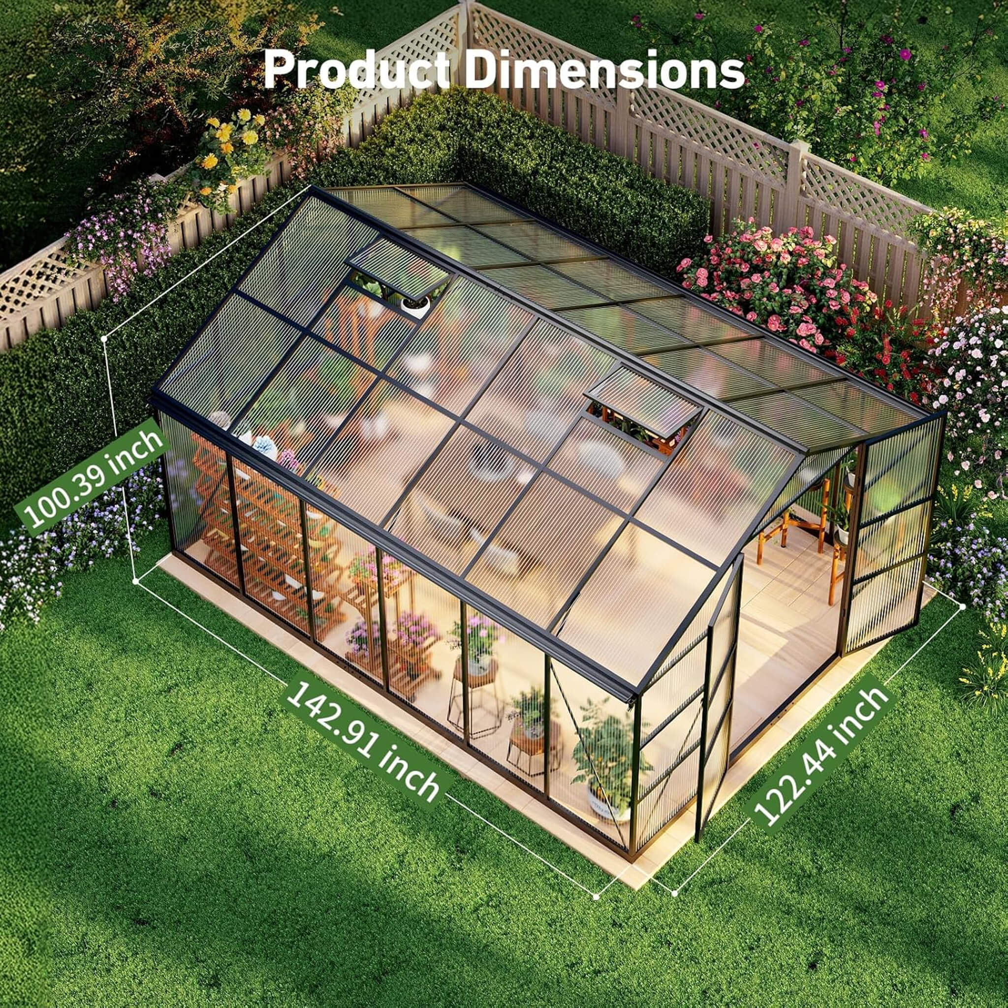 10x12ft outdoor polycarbonate aluminum greenhouse with UV protection and built-in thermometer for plant growth.