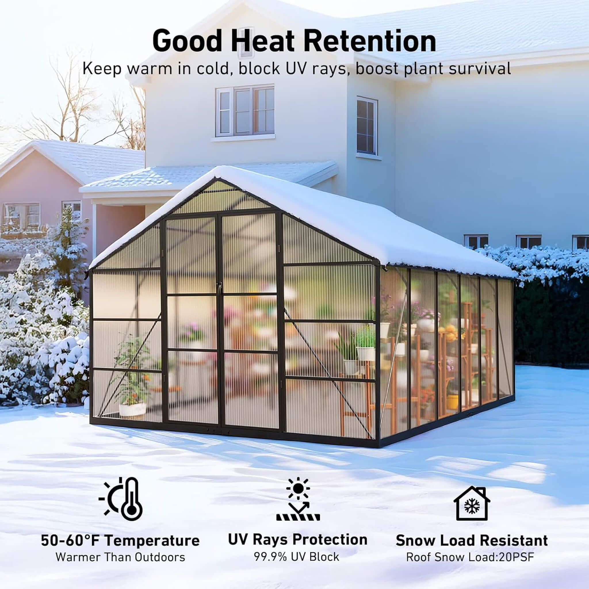 10x12ft outdoor polycarbonate aluminum greenhouse with UV protection and thermometer, ideal for plant growth and garden protection.