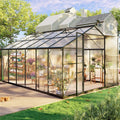 10x12ft outdoor SAKSBY greenhouse with polycarbonate panels, aluminum frame, UV protection, and thermometer, shown from front right view.