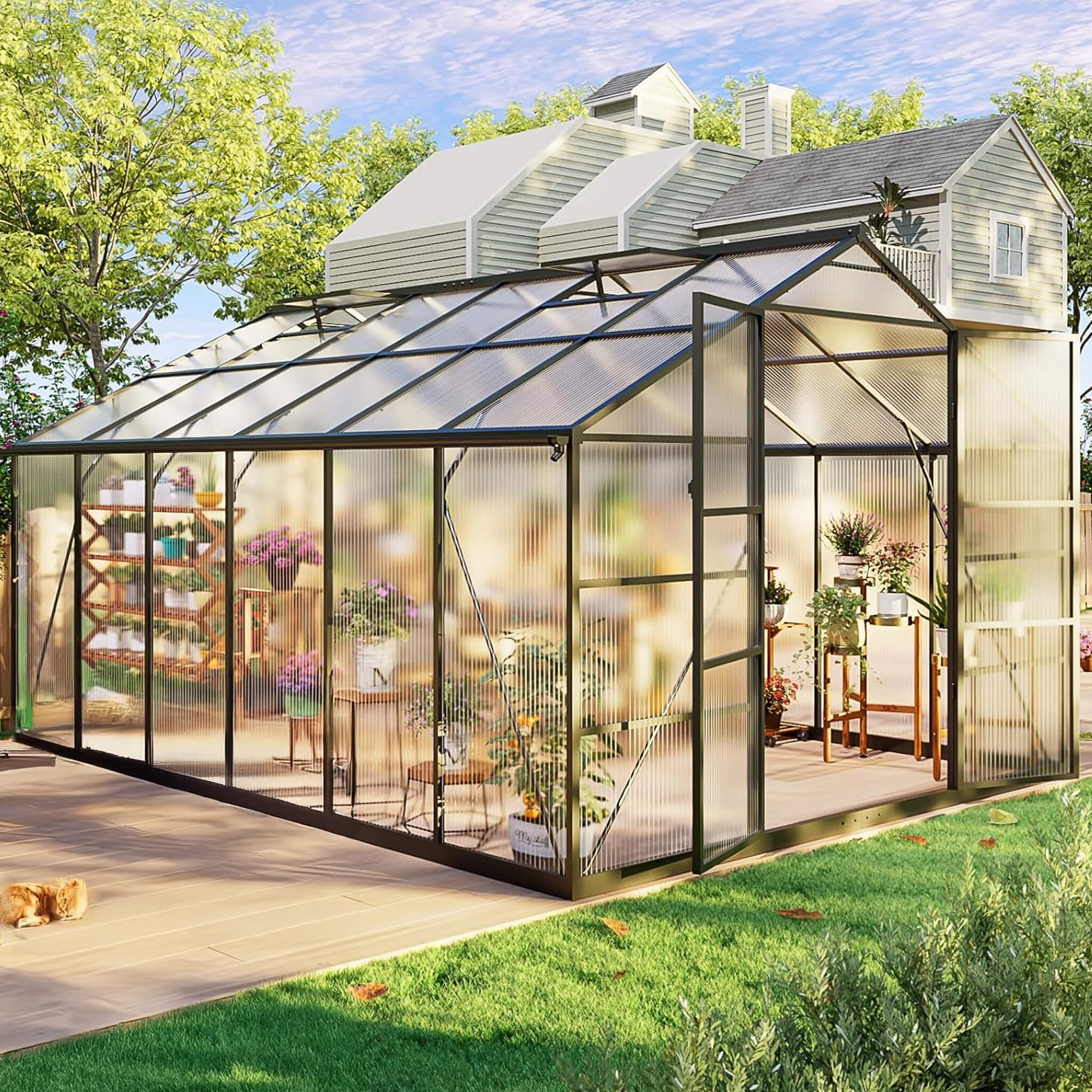 10x12ft outdoor SAKSBY greenhouse with polycarbonate panels, aluminum frame, UV protection, and thermometer, shown from front right view.