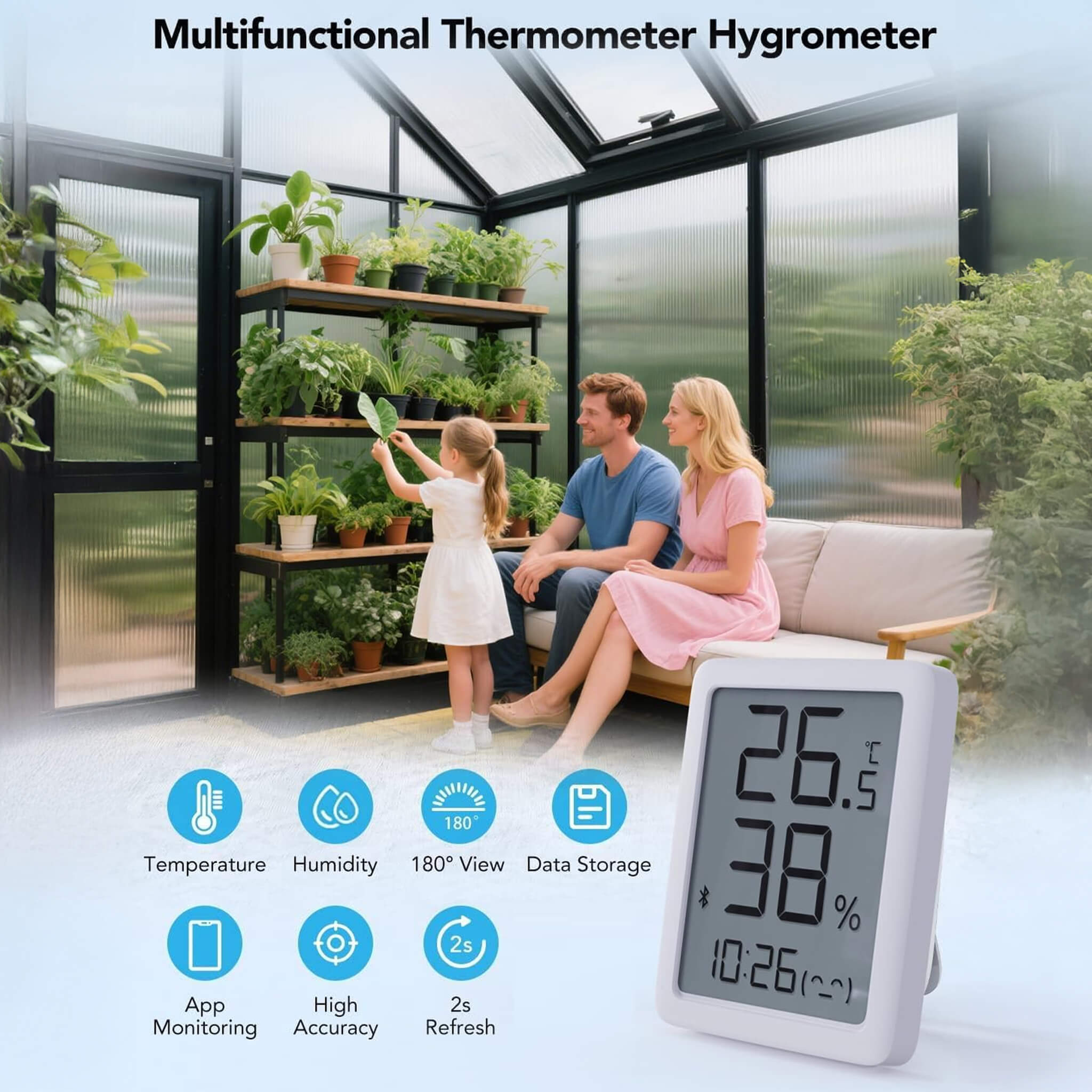10x12ft outdoor polycarbonate aluminum greenhouse with UV protection and thermometer, featuring a multifunctional thermometer and hygrometer.