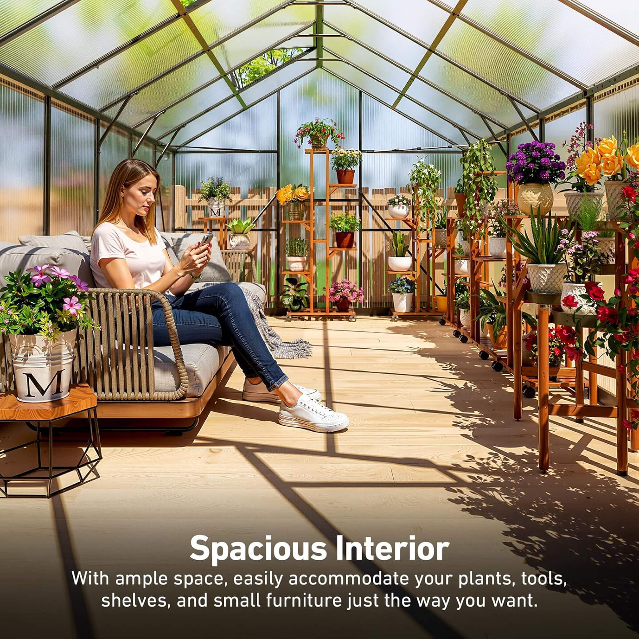 Spacious 10x12ft outdoor polycarbonate aluminum greenhouse with UV protection and built-in thermometer, ideal for plant growth.