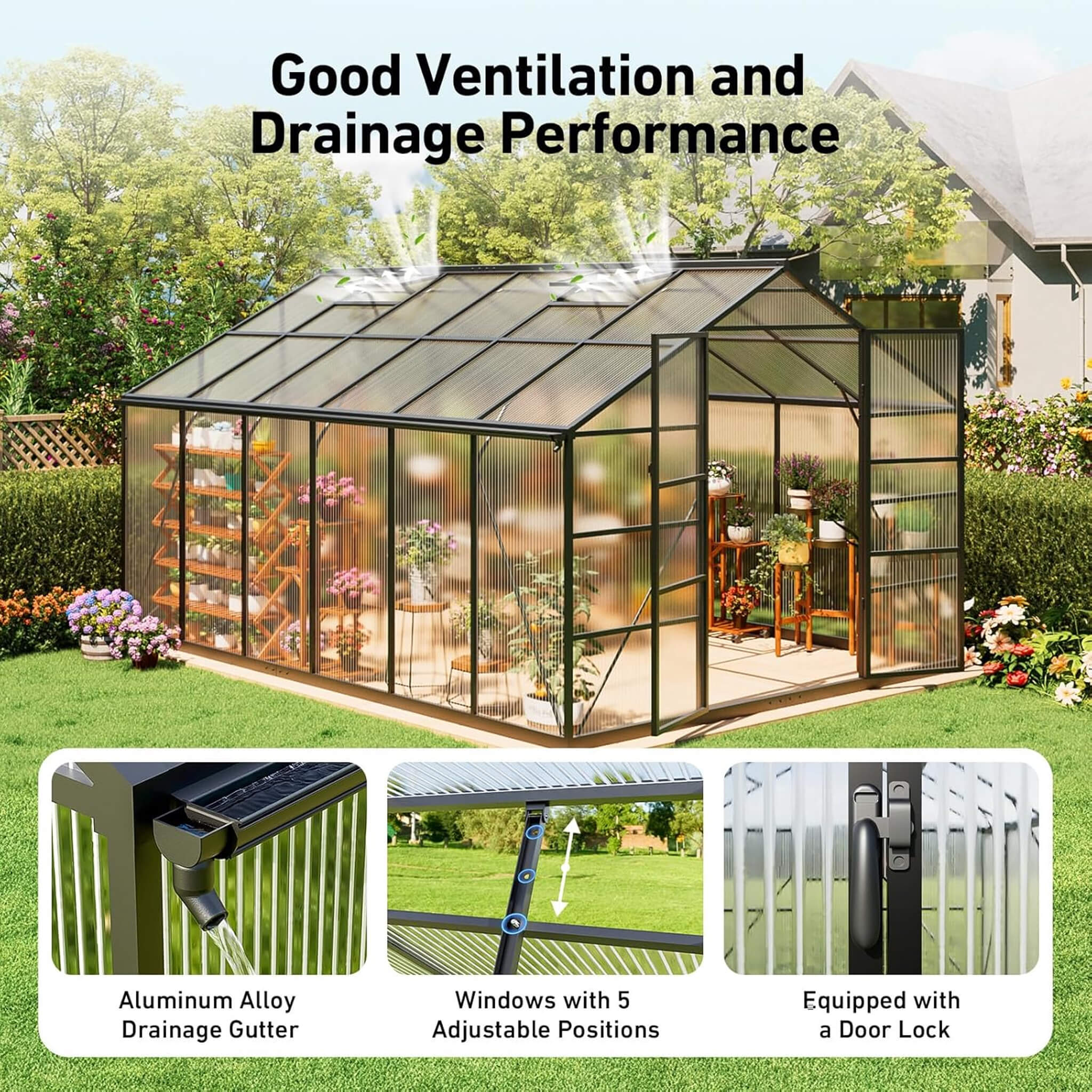 10x12ft outdoor polycarbonate aluminum greenhouse with UV protection, ventilation, drainage, and a built-in thermometer for plant growth.