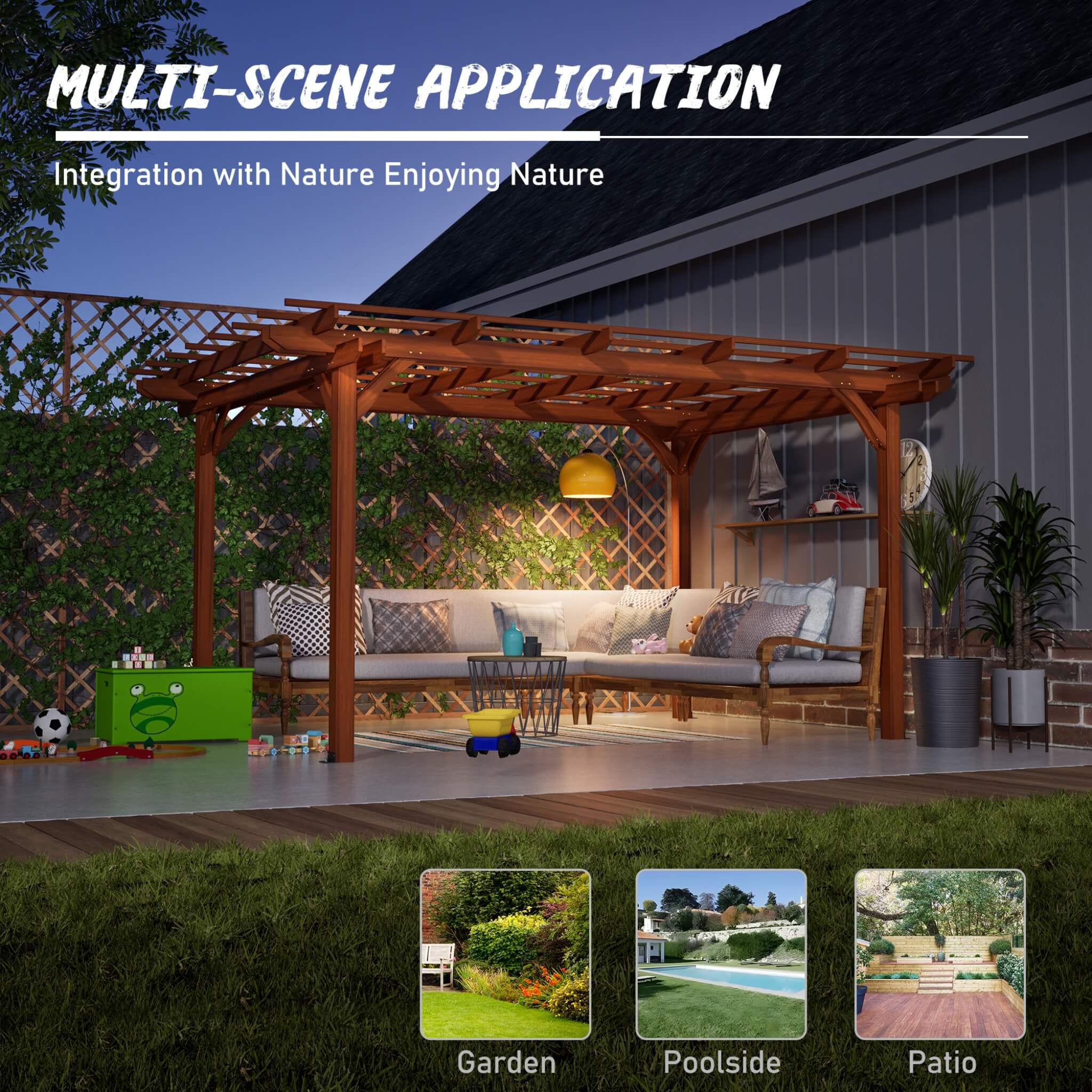 Extra large 10x12ft wooden grape pergola by SAKSBY WHOLESALE, designed for outdoor weather resistance.