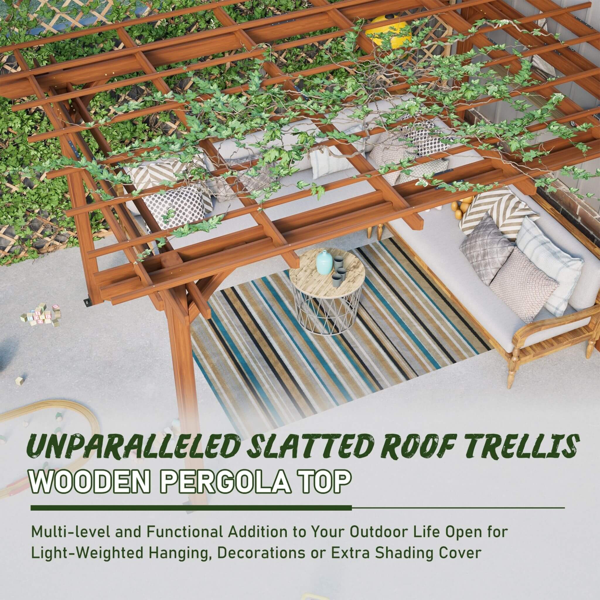 10x12ft Alora Premium wooden grape pergola with slatted roof, designed for outdoor weather resistance.