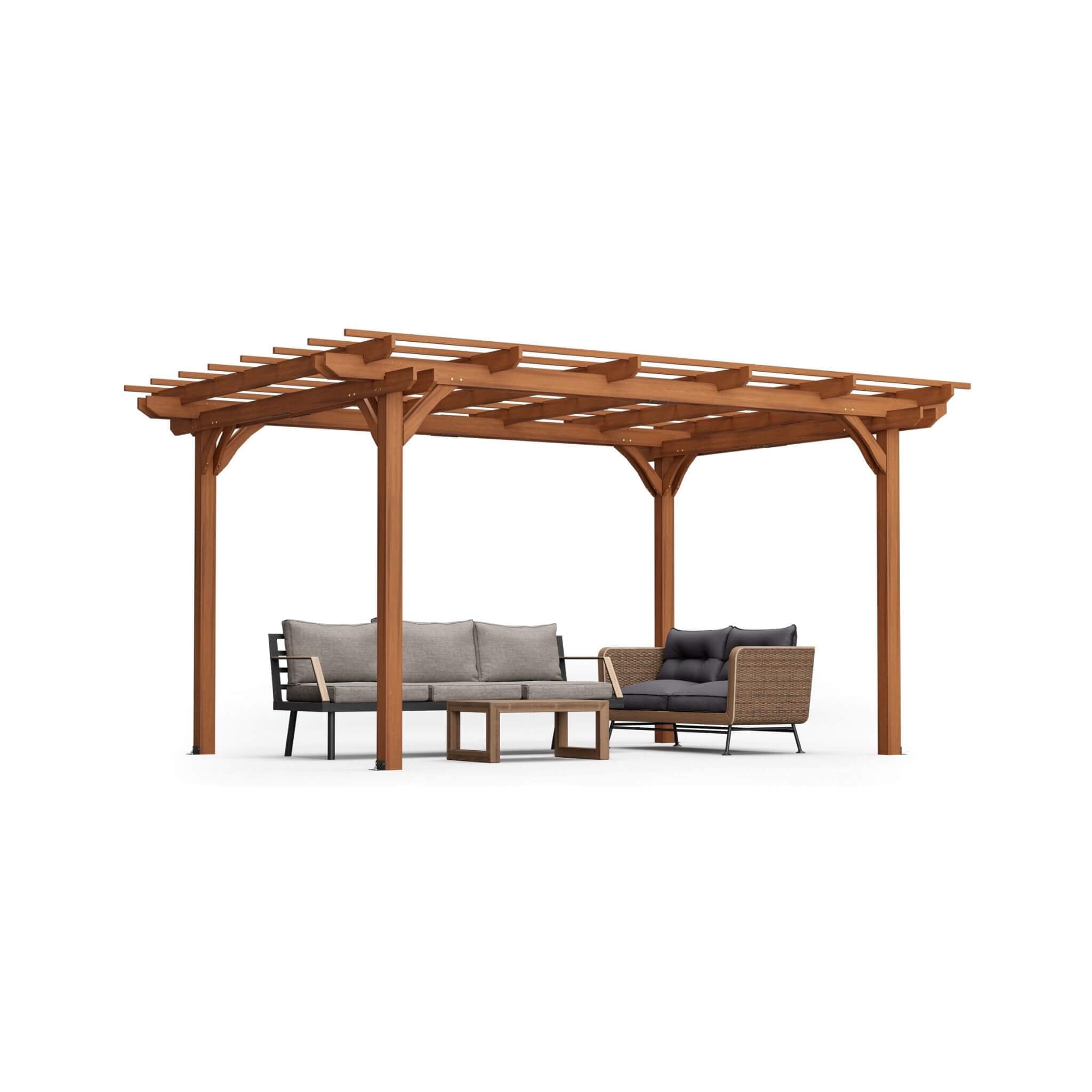 10x12ft Alora premium wooden grape pergola with outdoor furniture, showcasing weather-resistant construction and large size.