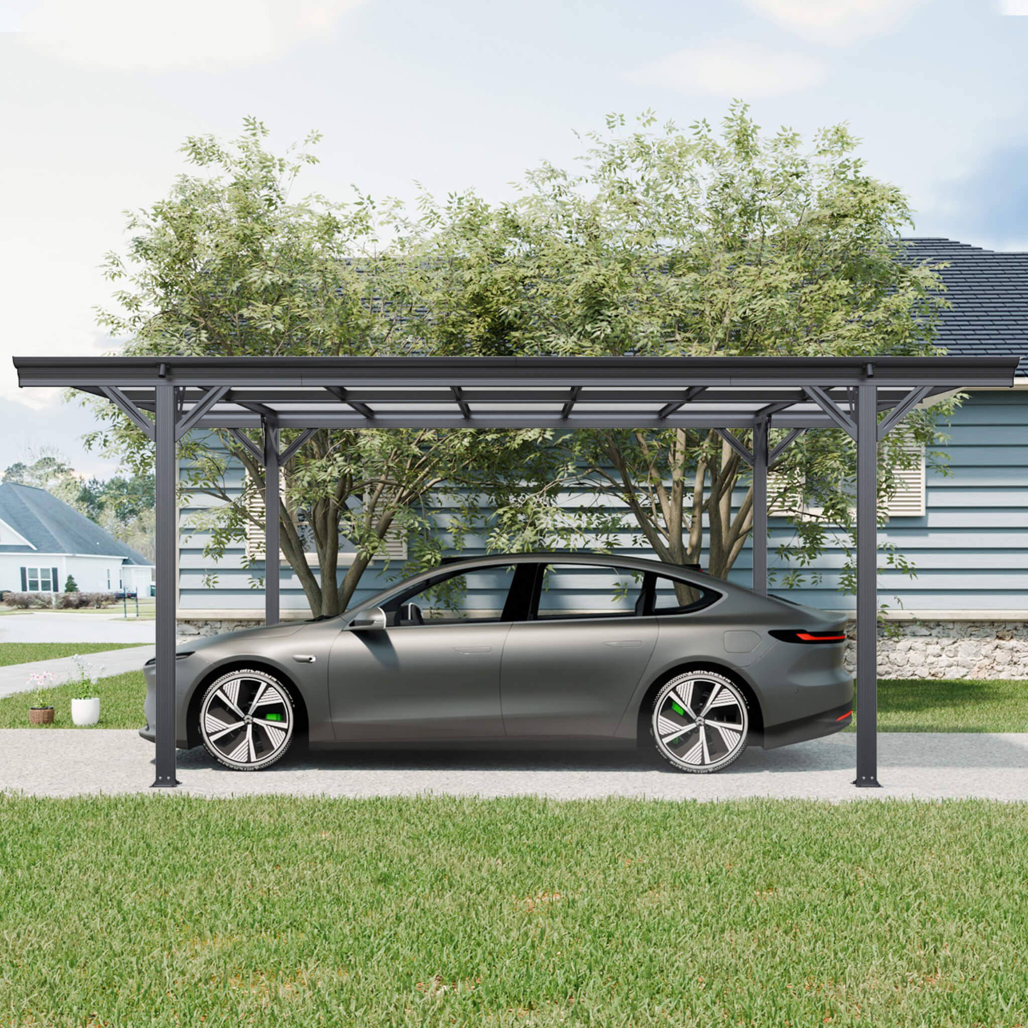 Left view of a 10x16ft Alora heavy-duty outdoor driveway pergola with aluminum frame and polycarbonate panels.