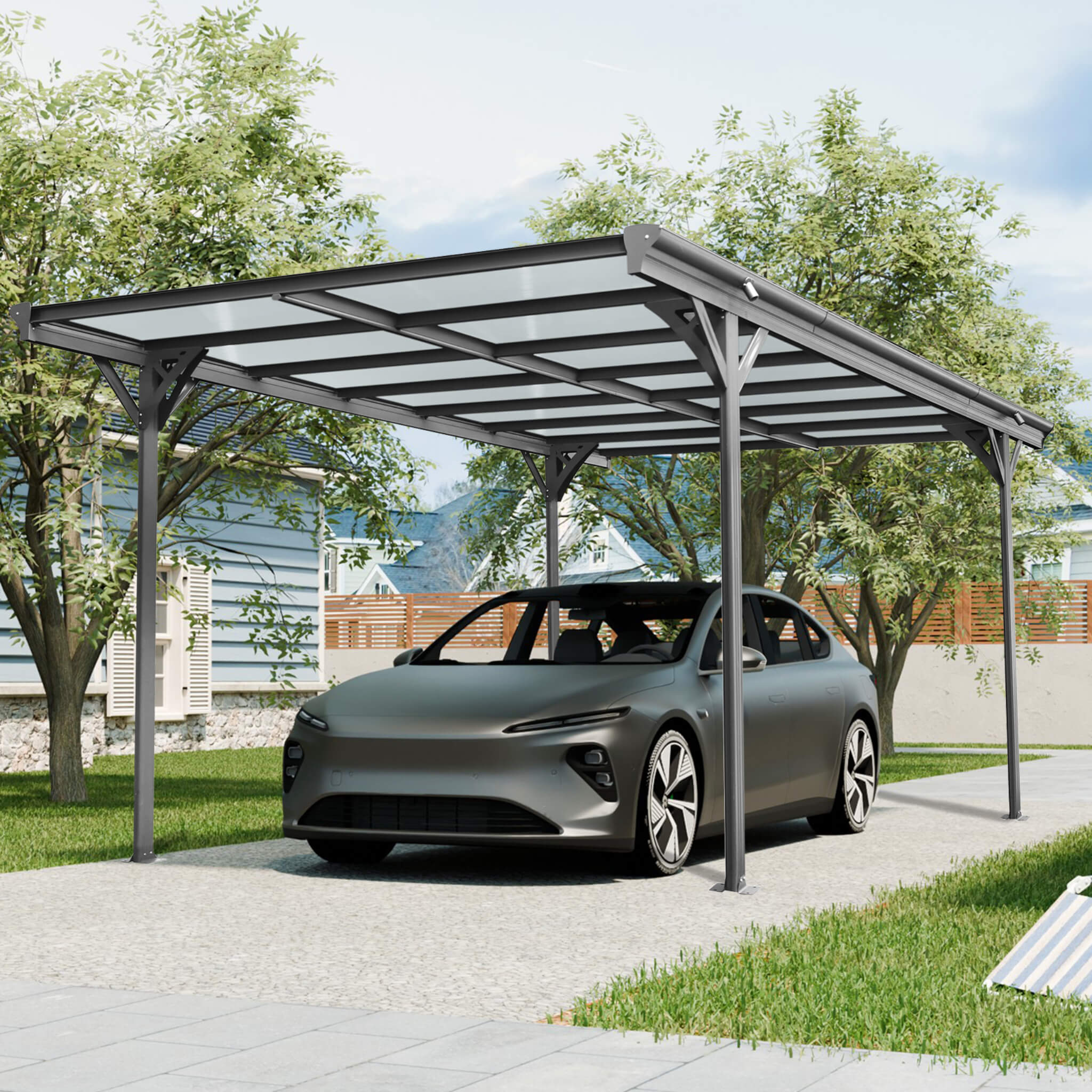 Heavy-duty 10x16ft outdoor driveway pergola with aluminum frame and polycarbonate panels, ideal for carports.