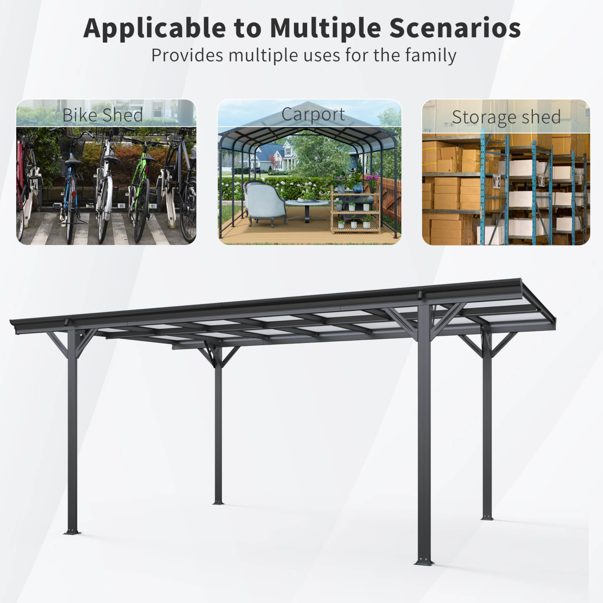 10x16ft Alora heavy-duty outdoor driveway pergola with aluminum alloy frame and polycarbonate panels in a scenic setting.