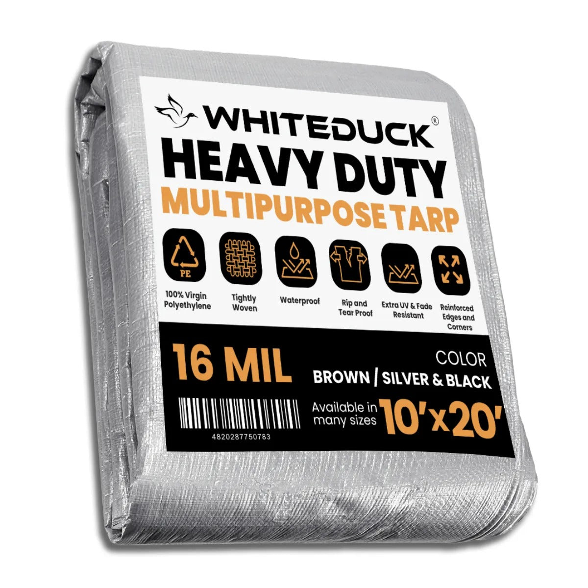 Silver 10x20-foot White Duck Outdoors heavy-duty poly tarp, 16 mil thickness, durable waterproof plastic cover for outdoor use.