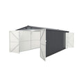 Front left view of the 10x20ft Alora heavy-duty outdoor storage shed with air vents by SAKSBY WHOLESALE.