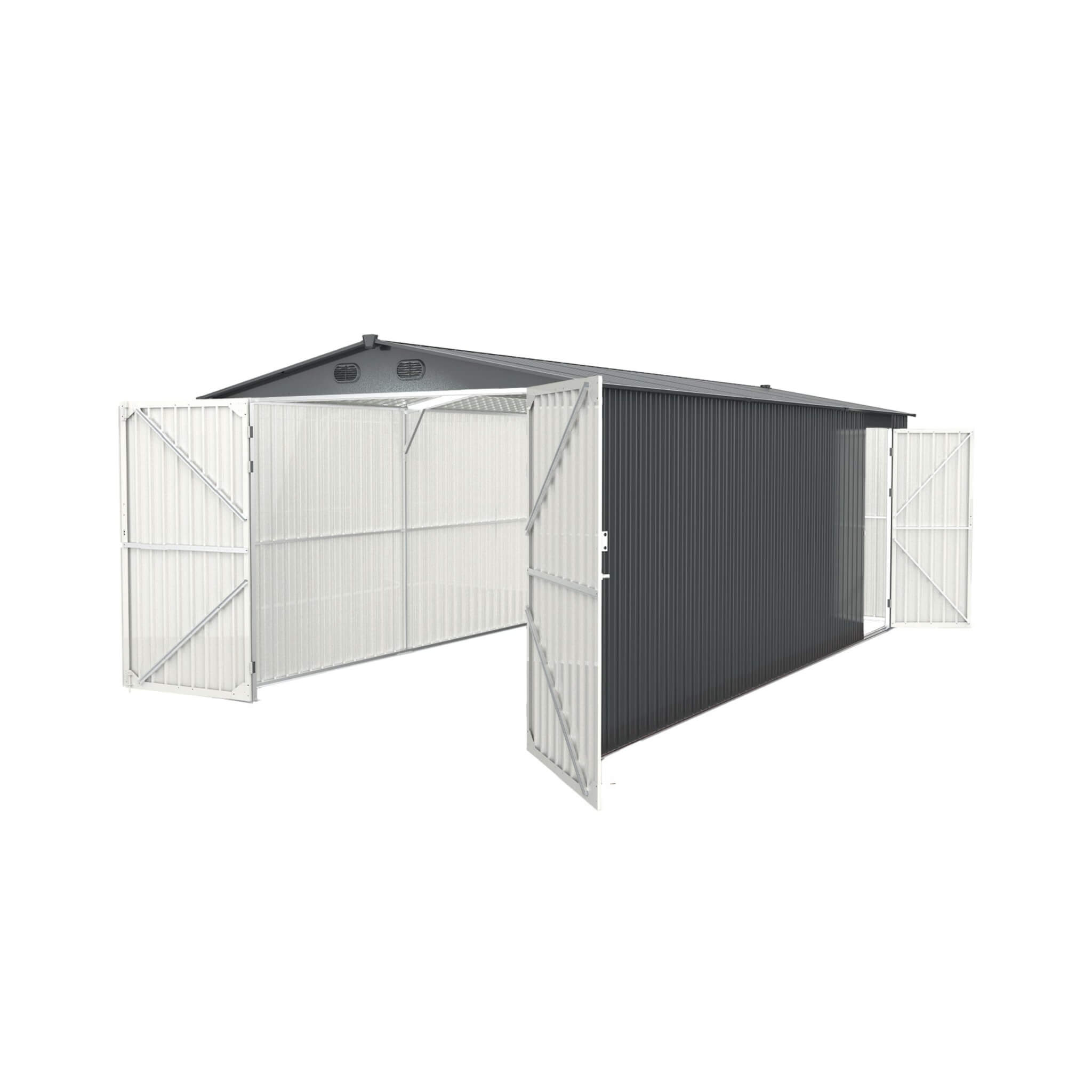 Front left view of the 10x20ft Alora heavy-duty outdoor storage shed with air vents by SAKSBY WHOLESALE.