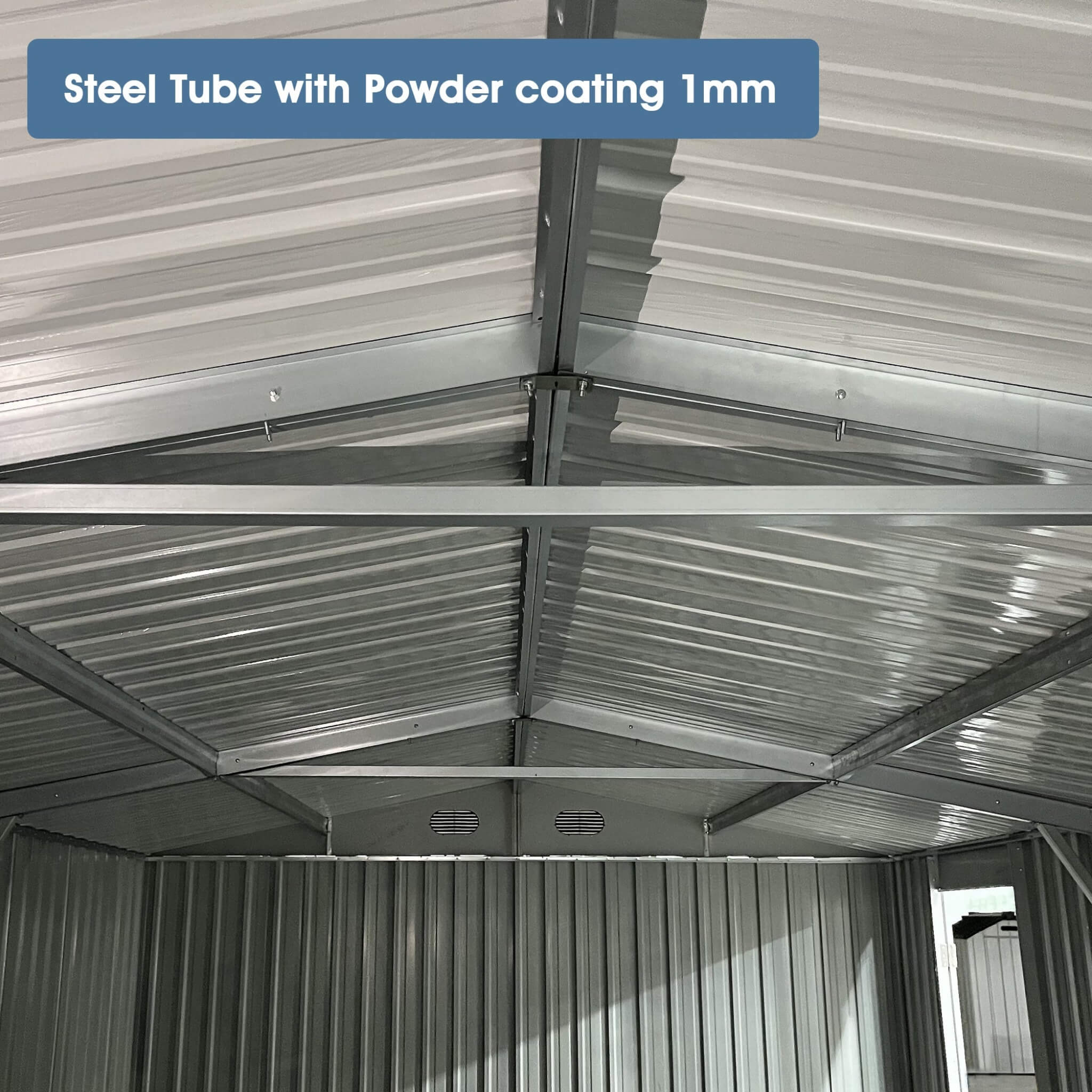 10x20ft heavy-duty outdoor utility garage storage shed with air vents, showing roof and durable construction.