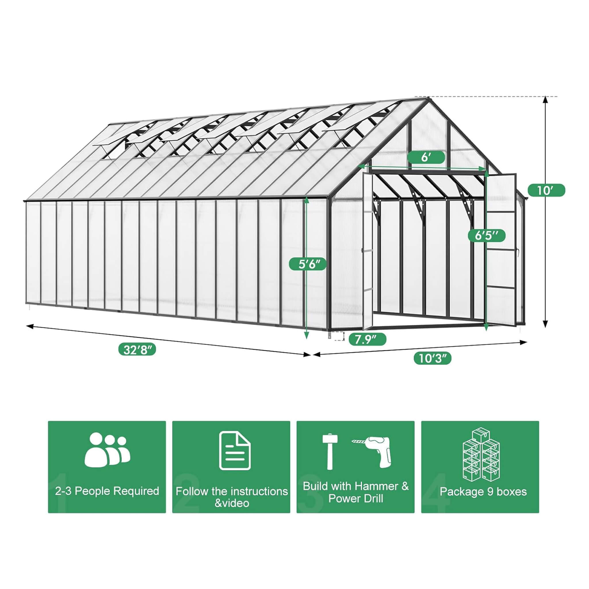 10x32ft heavy-duty outdoor aluminum greenhouse with polycarbonate panels, roof vents, and swing doors for gardening.