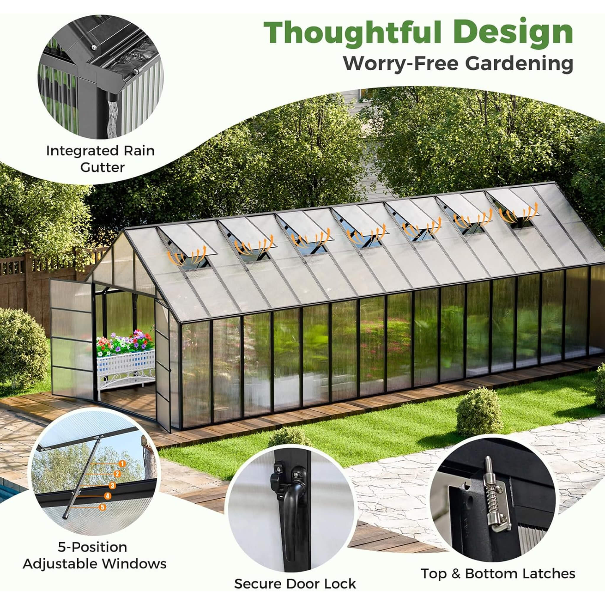 10x32ft heavy-duty outdoor aluminum greenhouse with polycarbonate panels, roof vents, and swing doors for garden use.