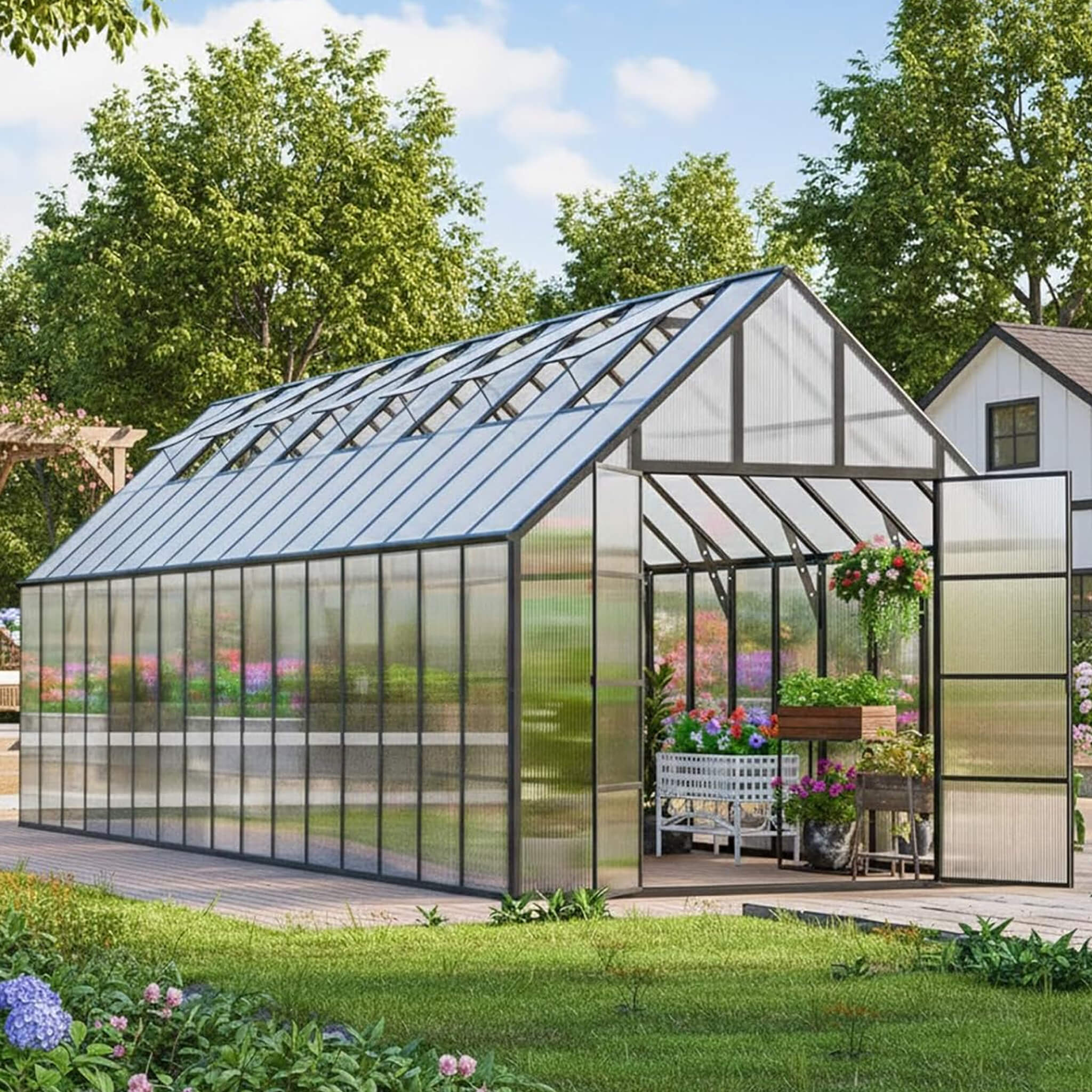 Outdoor 10x32ft aluminum greenhouse with polycarbonate panels, roof vents, and swing doors, ideal for plant cultivation.