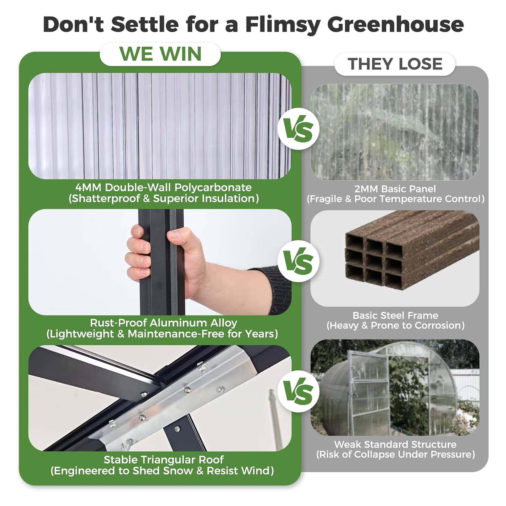 10x32ft heavy-duty outdoor aluminum greenhouse with polycarbonate panels, roof vents, and swing doors for garden use.