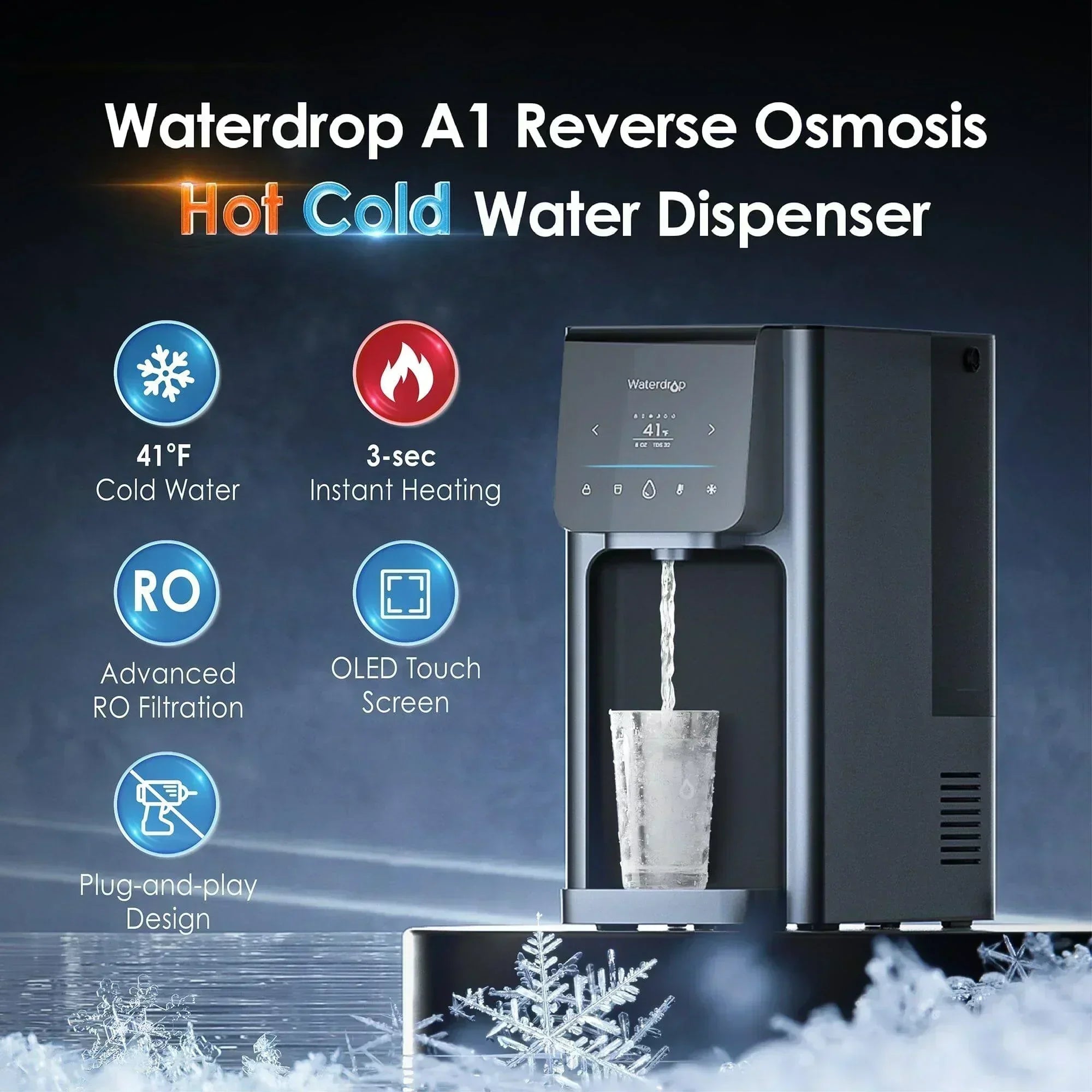 Green Vista Living Waterdrop reverse osmosis hot and cold water dispenser with digital control panel and sleek design