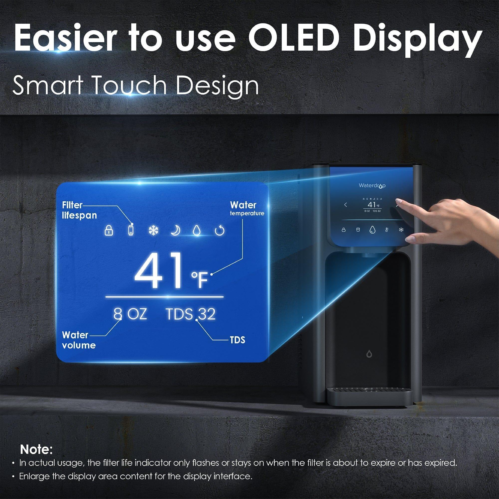 Green Vista Living Waterdrop reverse osmosis hot and cold water dispenser with digital control panel and sleek design.