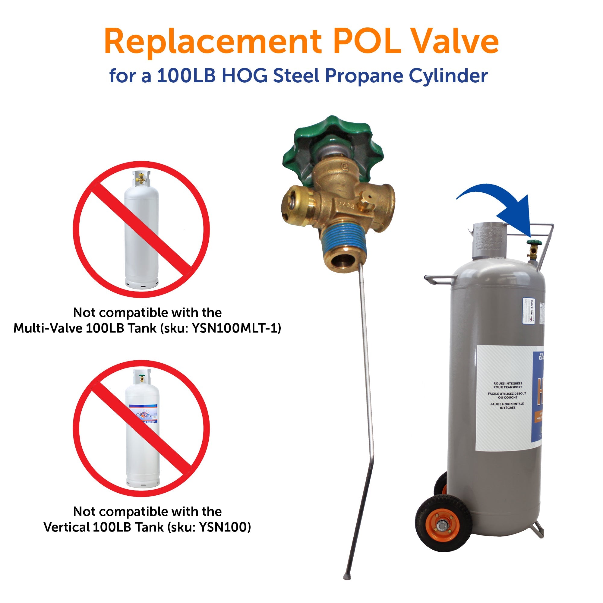 Flame King 100lb POL valve for hog or horizontal propane cylinder, showcasing durable metal construction and threaded connection.