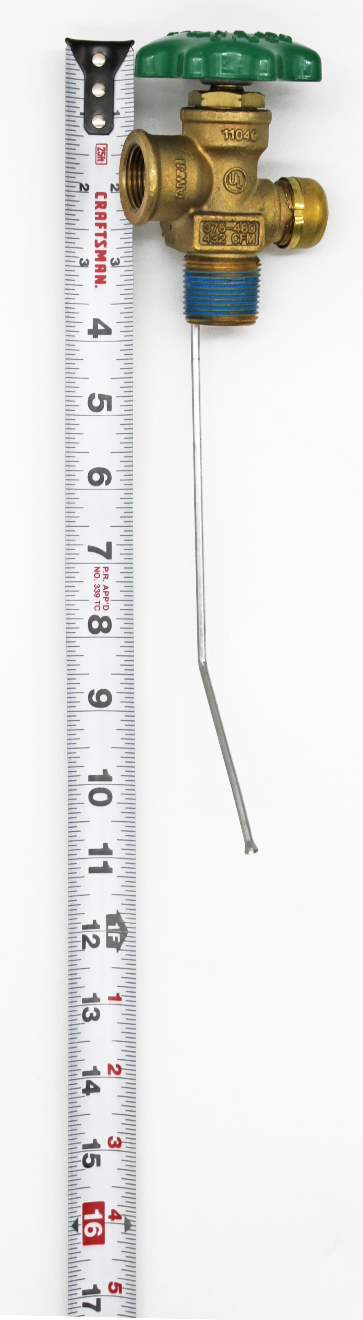 Flame King 100lb POL valve for hog or horizontal propane cylinder, showing detailed measurements and design features.