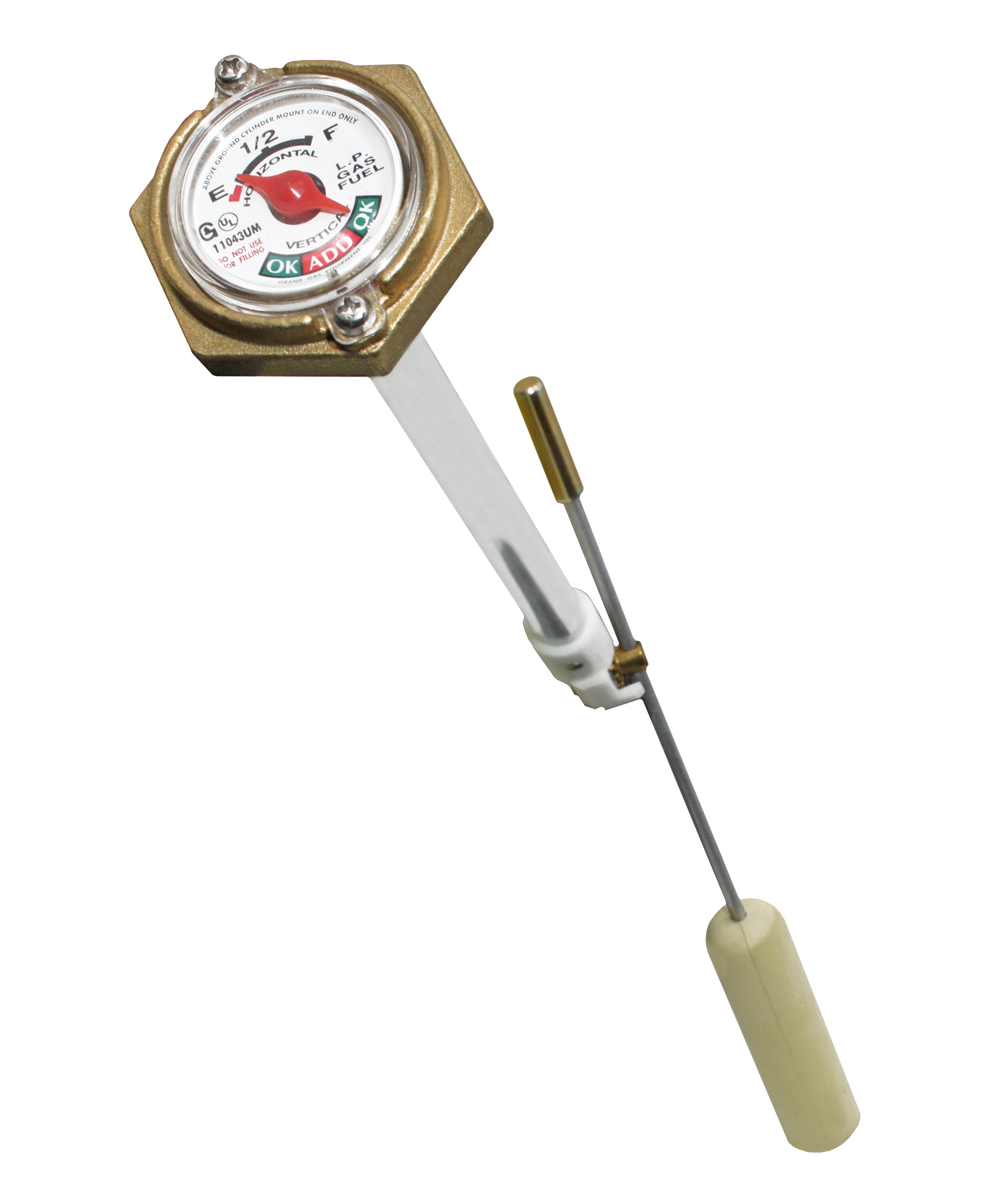 Flame King Horizontal and Vertical Float Gauge for propane tanks, showcasing its durable design and clear measurement indicators.