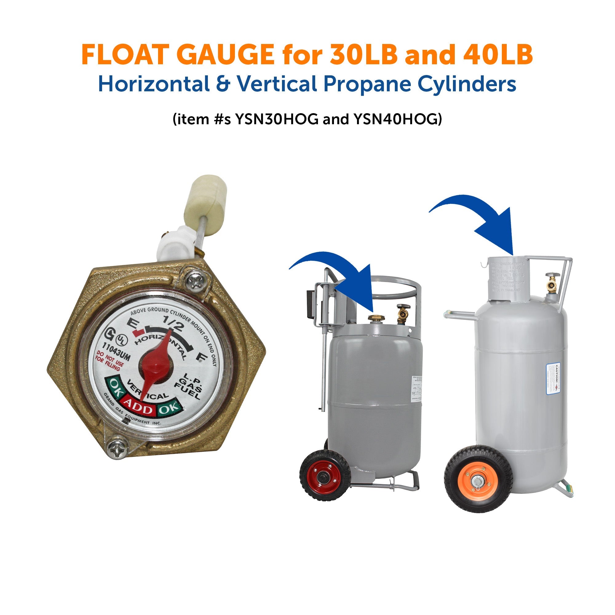 Flame King propane float gauge in horizontal and vertical orientations, showing detailed measurement markings.
