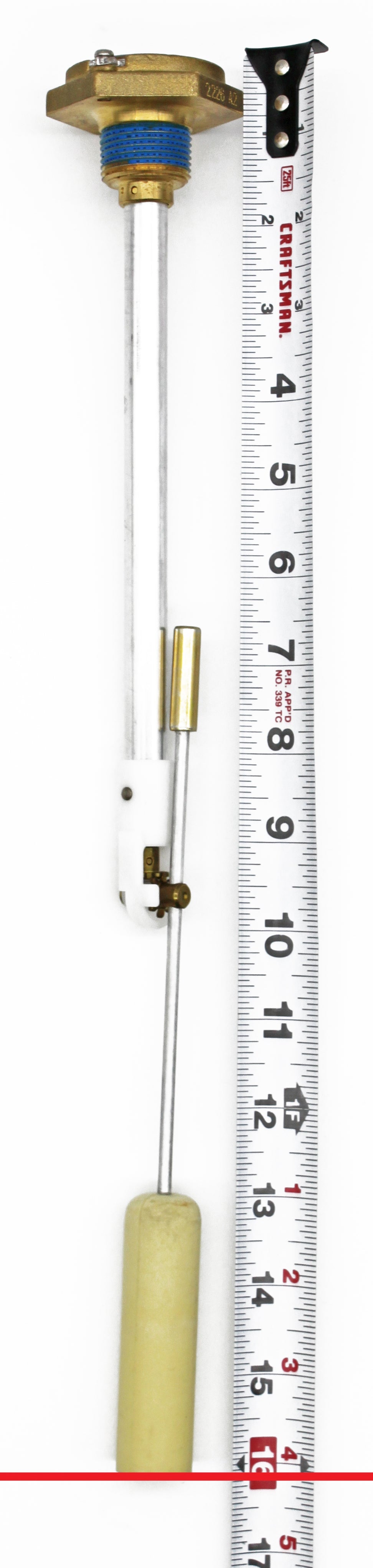 Flame King propane float gauge displayed horizontally and vertically, showcasing clear measurement markings and durable design.