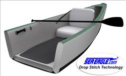 Backcountry Sportsman TC16 Travel Canoe Inflatable canoe with three seats, electric pump, and paddles on a wooden dock.