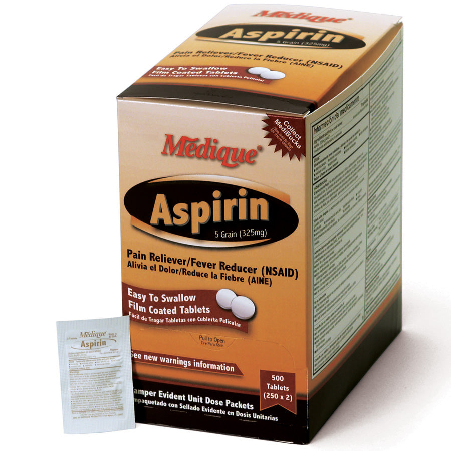 Bottle of Aspirin 5 Grain tablets from Quakekits.com, showing the medication container and label on a white background.