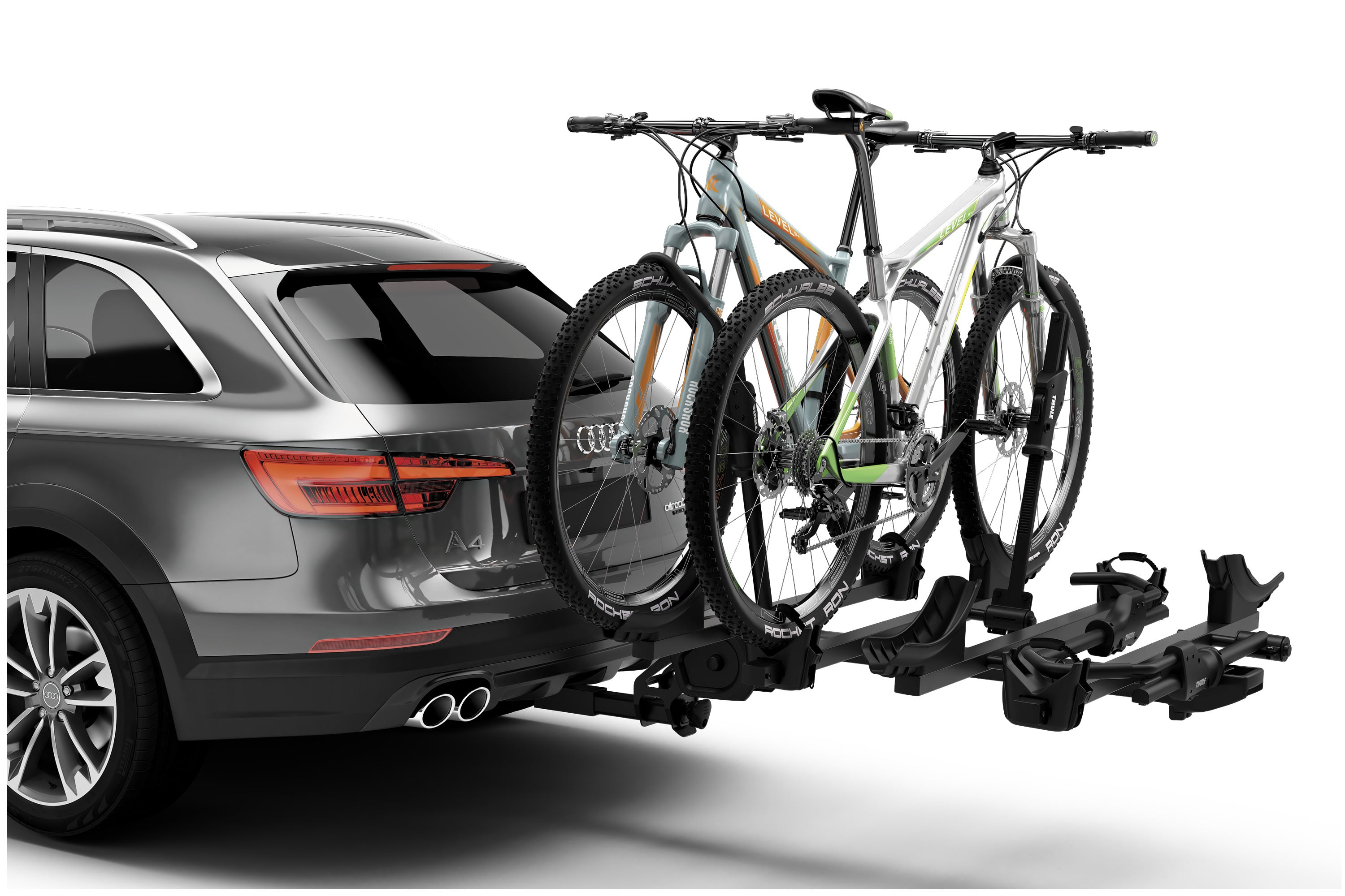 Backcountry Sportsman Thule T2 Pro X 2 Bike Add-On bike rack attached to vehicle, showing secure mounting and multiple bike capacity.