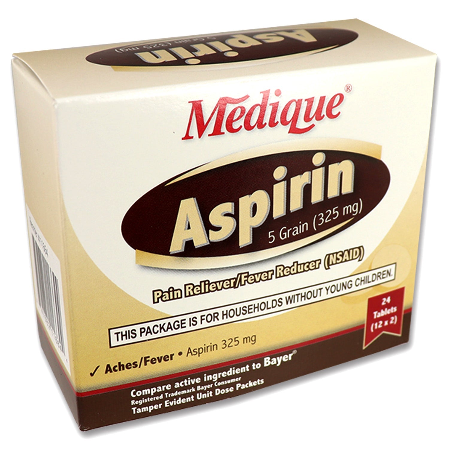 Aspirin 5 Grain tablets in a box of 24, featuring clear labeling and a white pill for pain relief.