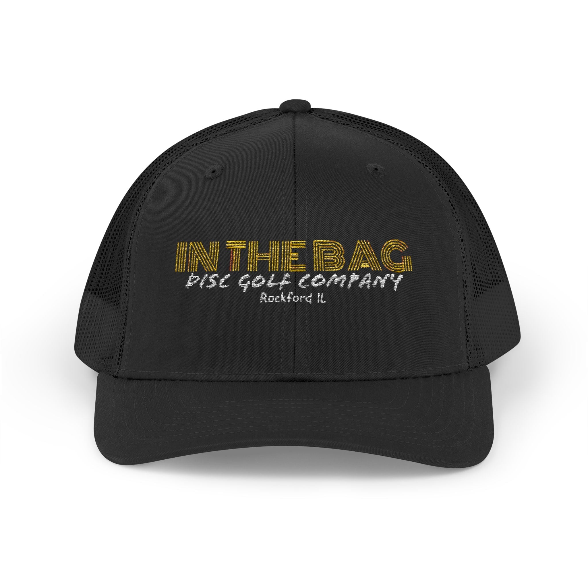 In The Bag Disc Golf Company trucker cap featuring a mesh back and logo embroidery, casual headwear for disc golf enthusiasts.