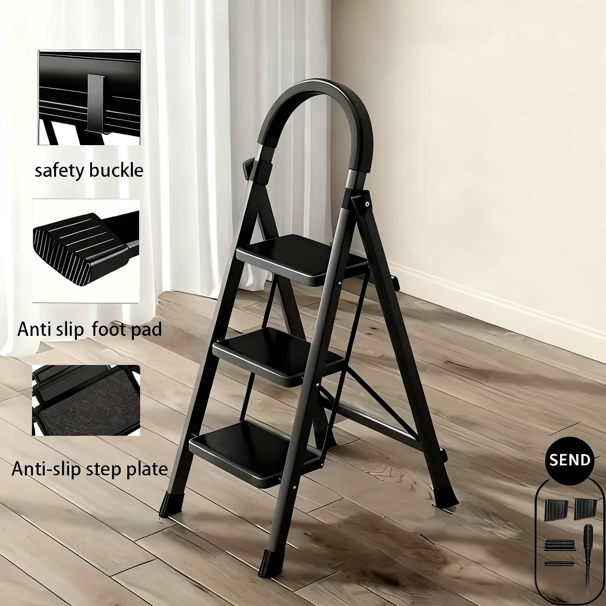 Portable steel folding 3/4-step ladder with anti-slip steps, ideal for kitchen use and versatile home tasks.