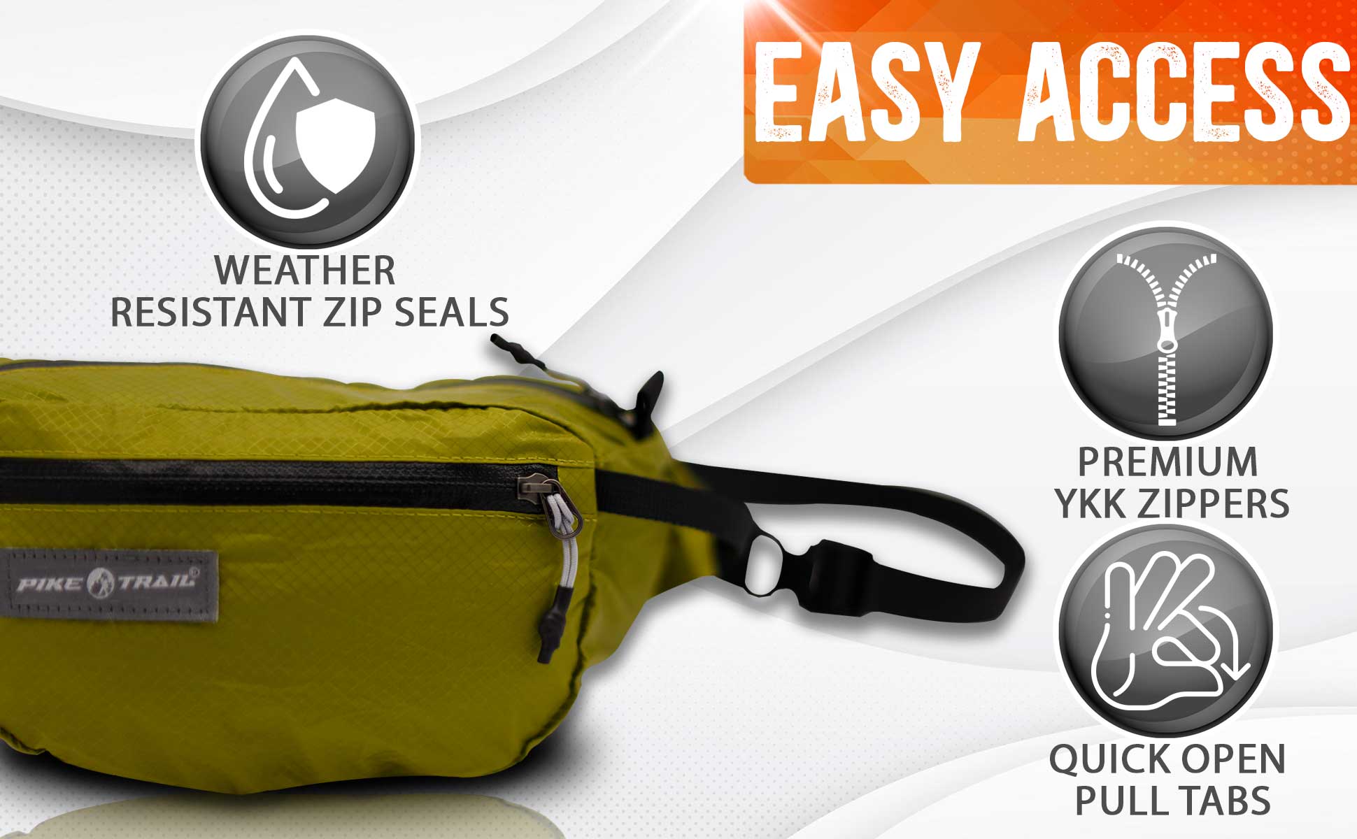 Pike Trail Fanny Pack in black with adjustable strap and front zip pocket, designed for outdoor activities and hands-free convenience.