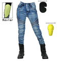 Women's VOLERO™ Wave Guard Kevlar Motorcycle Jeans showing durable denim fabric and reinforced knee areas for protection.