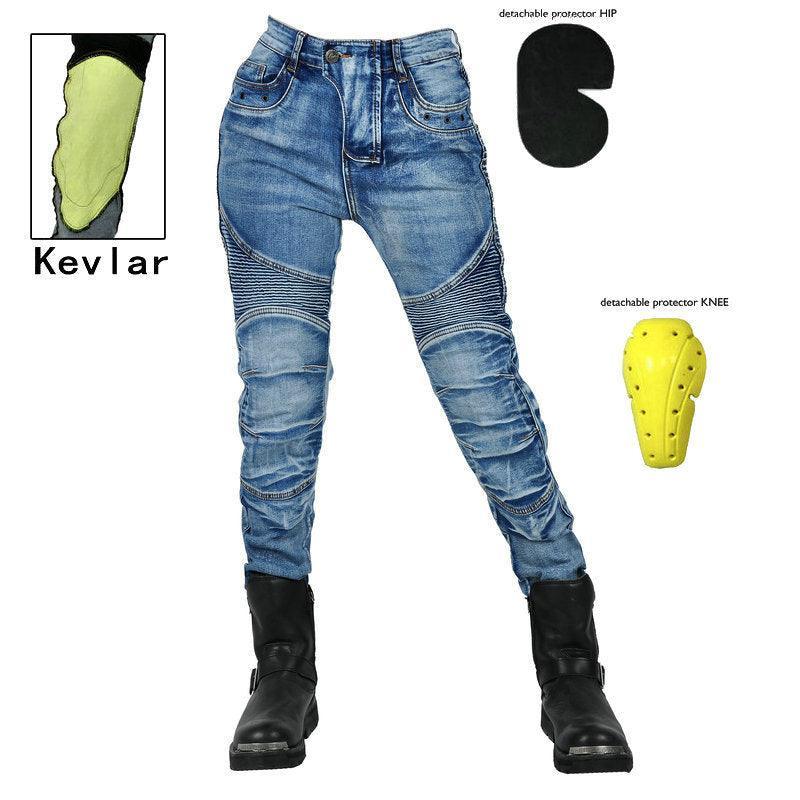 Women's VOLERO™ Wave Guard Kevlar Motorcycle Jeans showing durable denim fabric and reinforced knee areas for protection.
