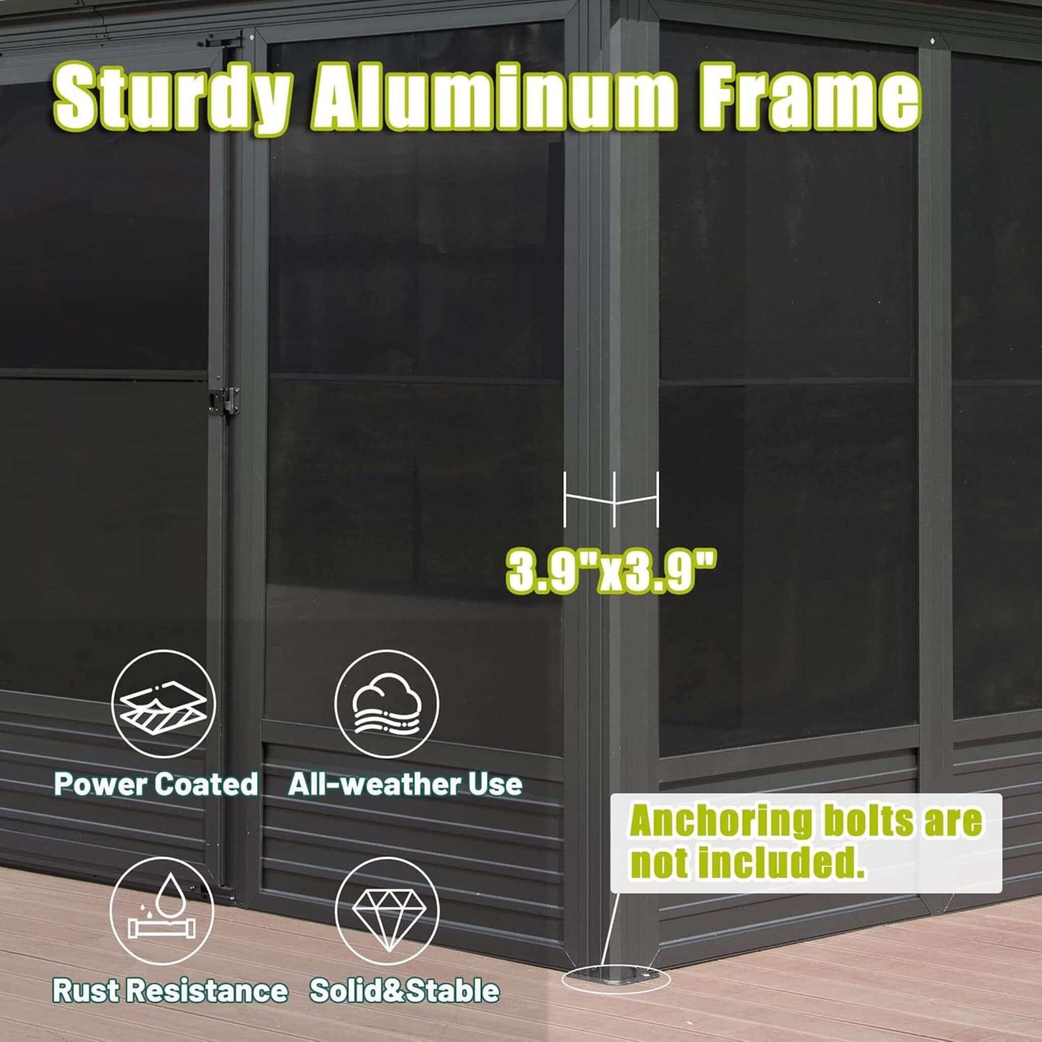 11x14ft aluminum hardtop outdoor gazebo sunroom with galvanized steel roof, sliding doors, and movable PVC screen walls.