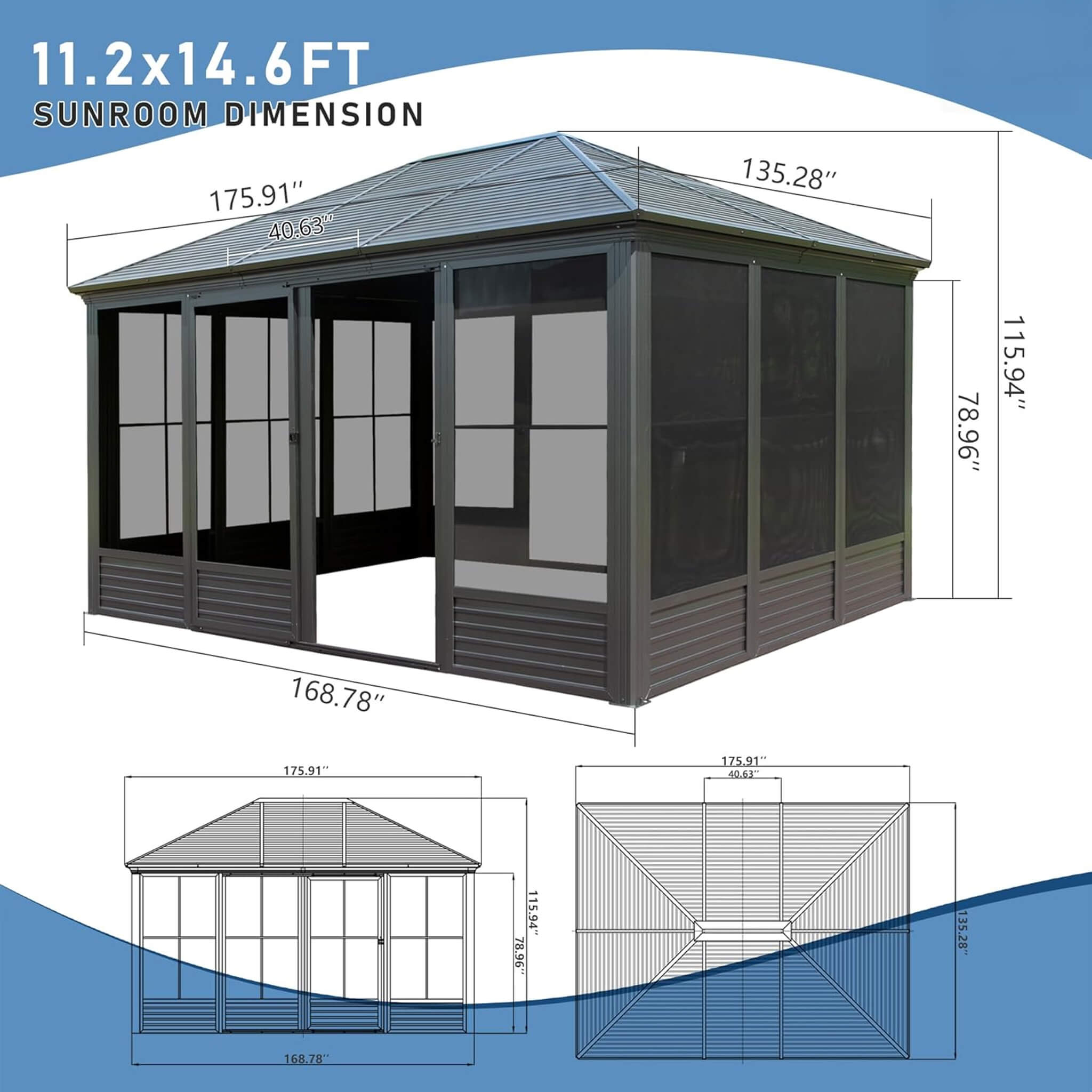 11x14ft Alora Meridian outdoor aluminum hardtop gazebo sunroom with galvanized steel roof, sliding doors, and movable PVC screens.