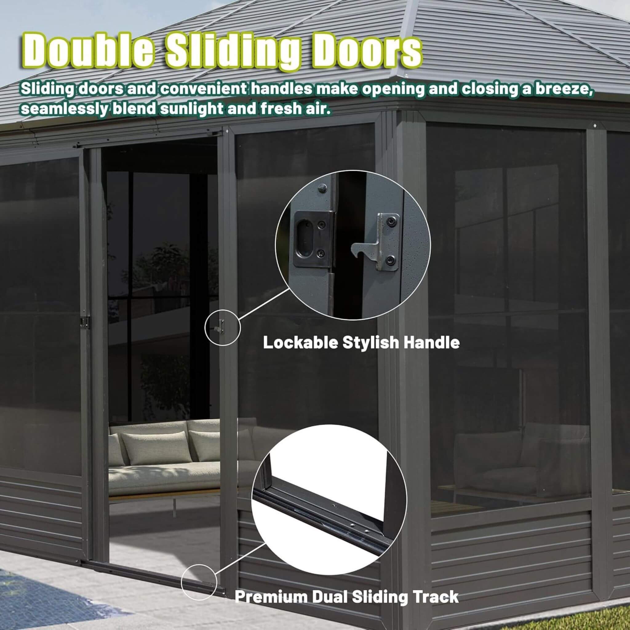 11x14ft SAKSBY WHOLESALE aluminum outdoor gazebo sunroom with galvanized steel roof, sliding doors, and movable PVC screen walls.