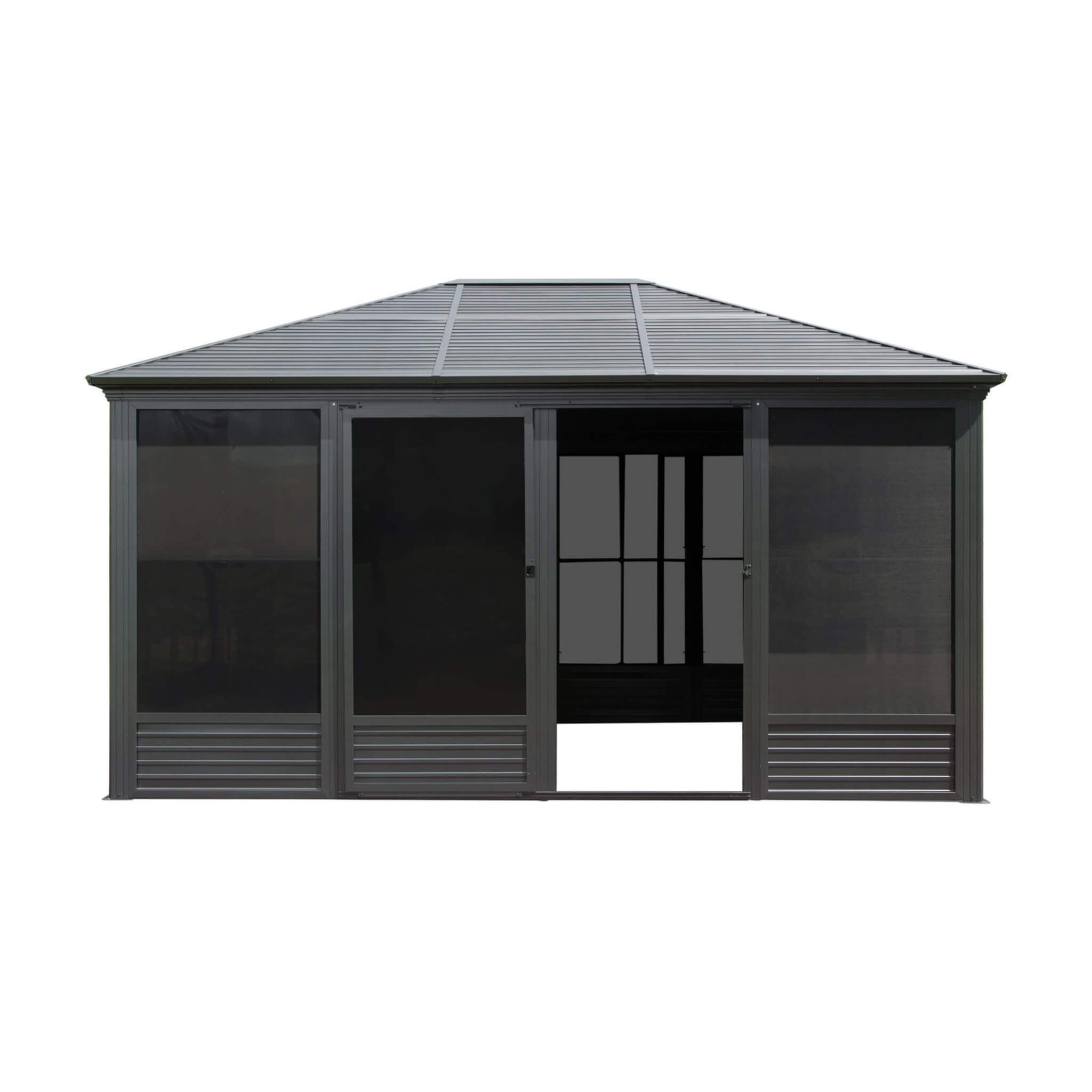 Front view of SAKSBY WHOLESALE 11x14ft aluminum hardtop gazebo sunroom with galvanized steel roof, sliding doors, and PVC screen walls.