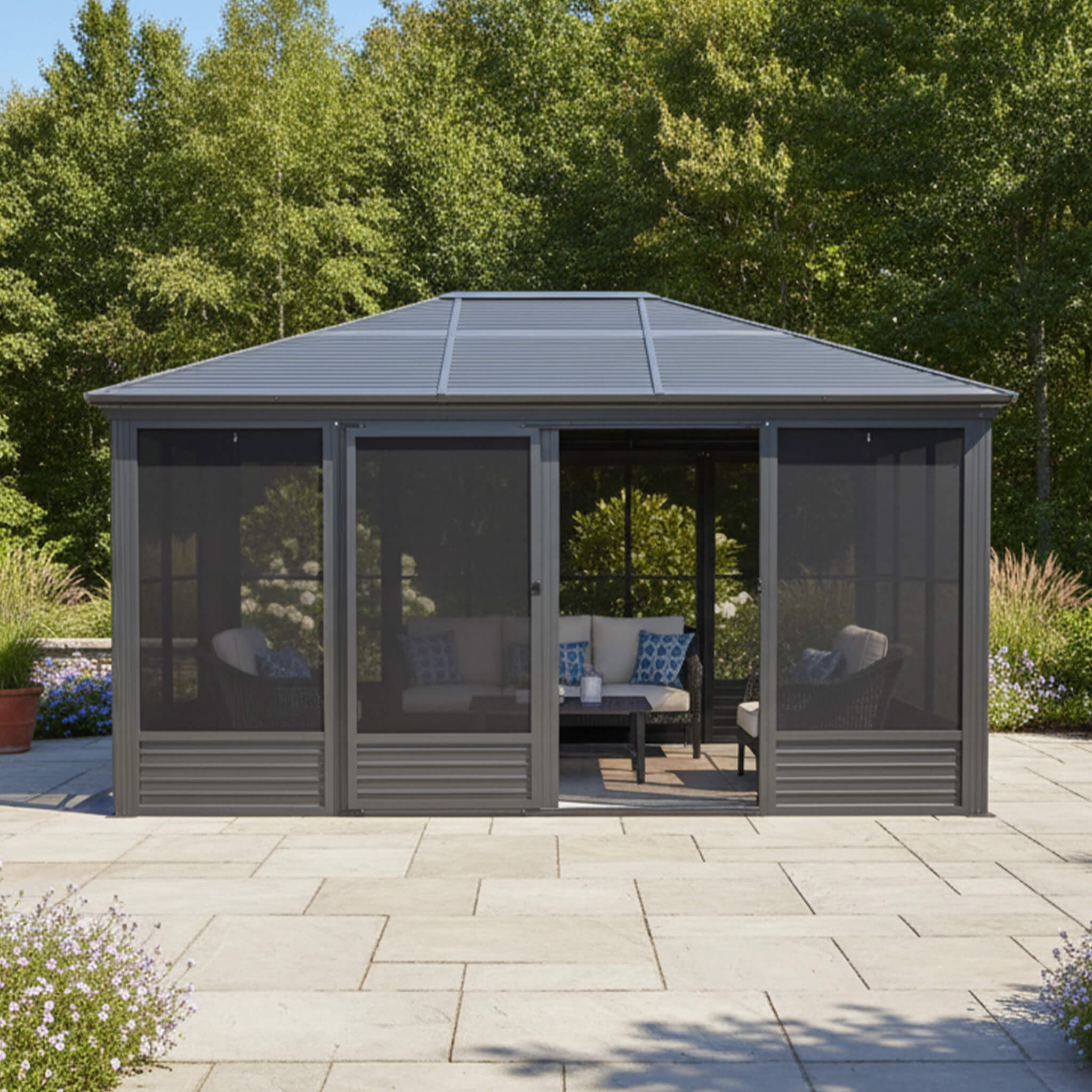 Alora Meridian 11x14ft outdoor aluminum hardtop gazebo with galvanized steel roof, sliding doors, and PVC screen walls in a backyard setting.