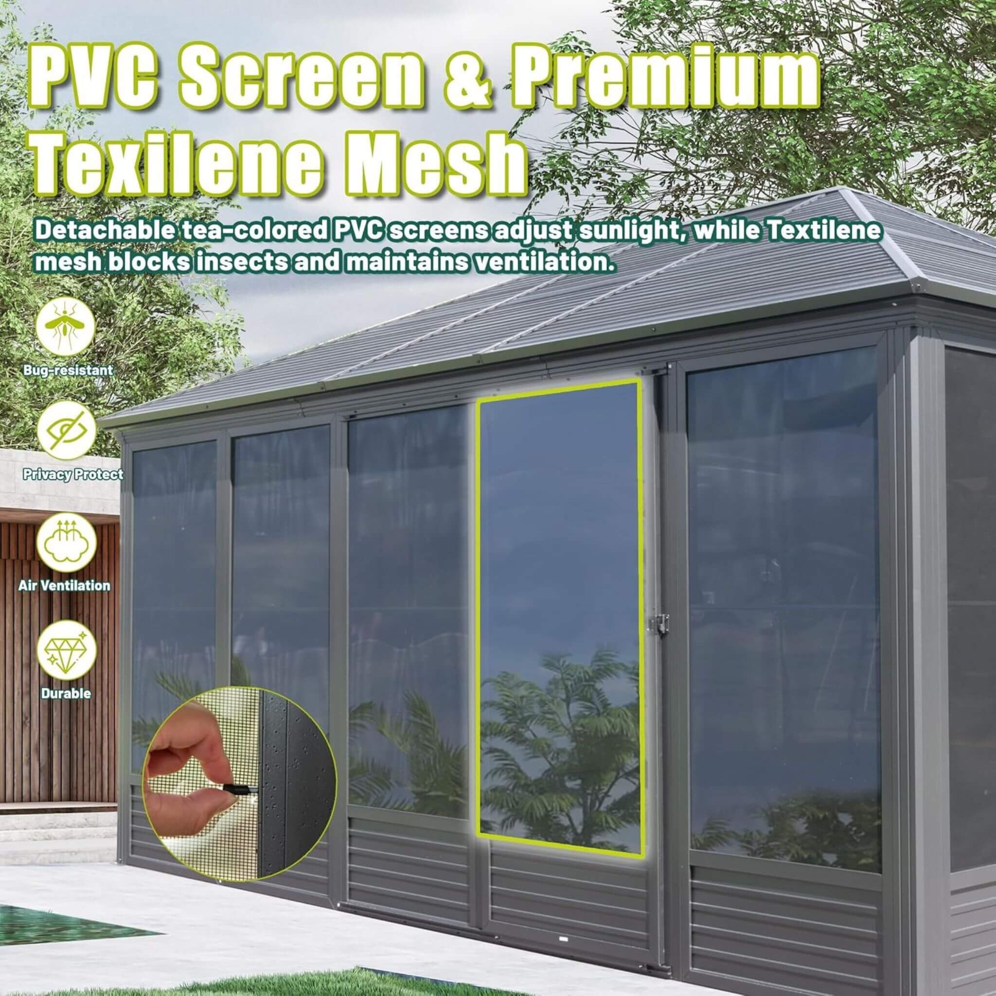 11x14ft Alora Meridian outdoor aluminum hardtop gazebo sunroom with galvanized steel roof, sliding doors, and PVC screen walls.