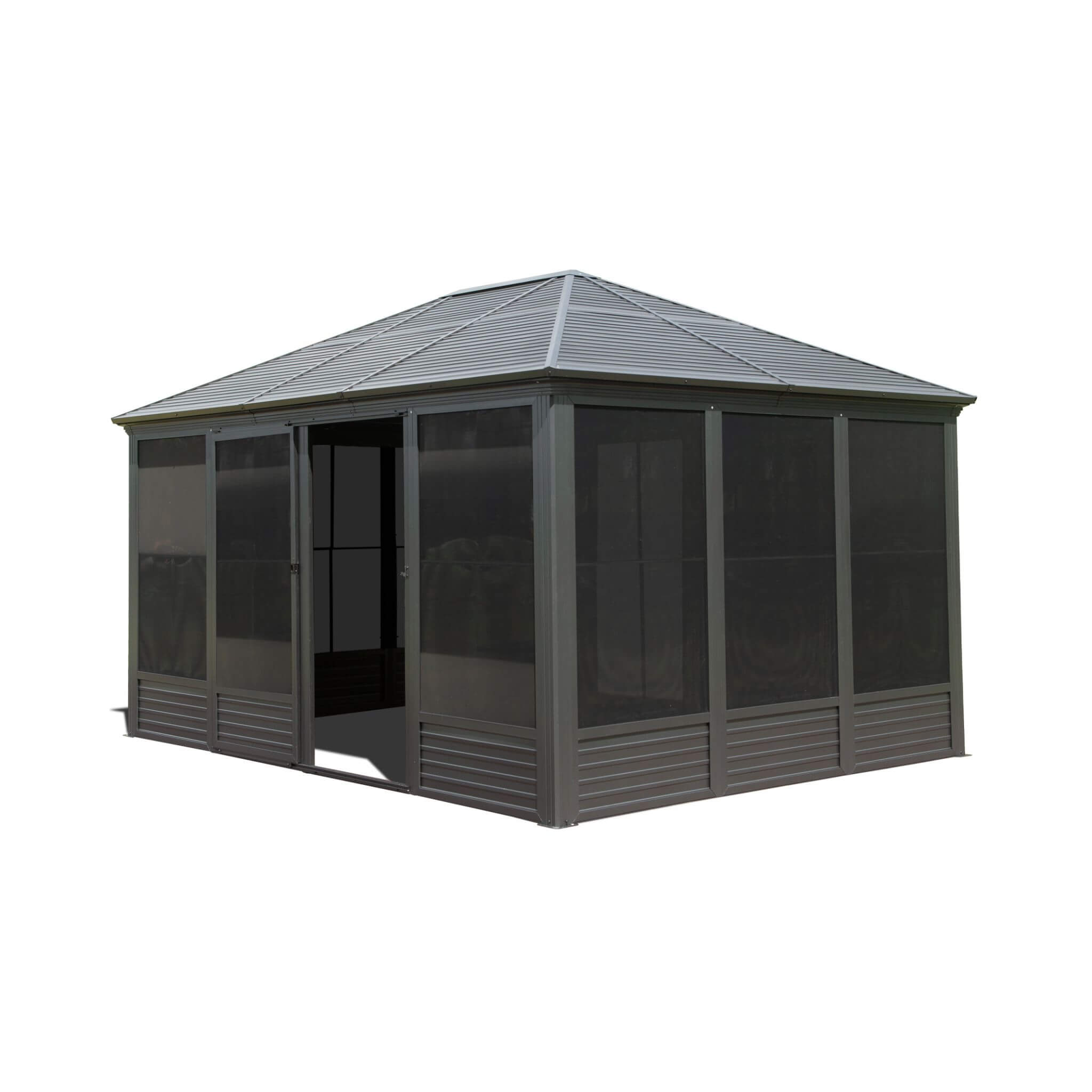 11x14ft Alora Meridian outdoor aluminum hardtop gazebo sunroom with galvanized steel roof, sliding doors, and movable PVC screens.