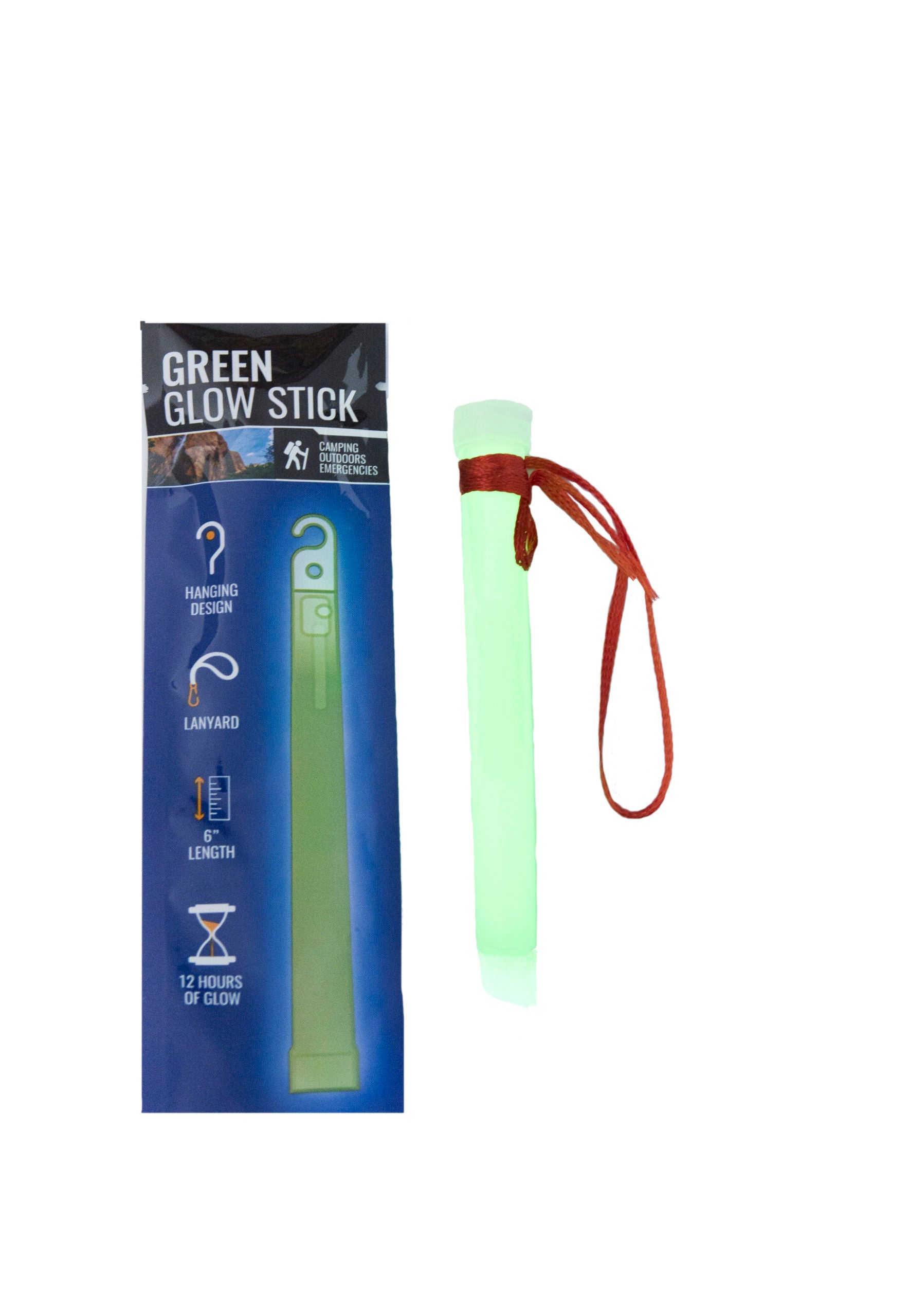 Green glow stick with hook and wristband, 12-hour emergency light and communication device by Quake Kits for safety and visibility