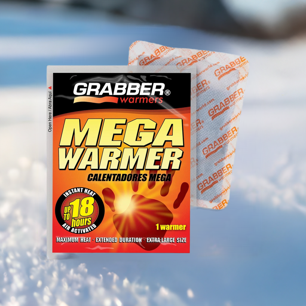 12-hour Grabber Mega Warmer heat pack by QuakeKits for shelter and warmth, showing the portable, reusable instant body warmer.