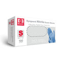 Box of 100 small nitrile hygiene gloves with textured fingertips, shown in a sealed package for medical or cleaning use.
