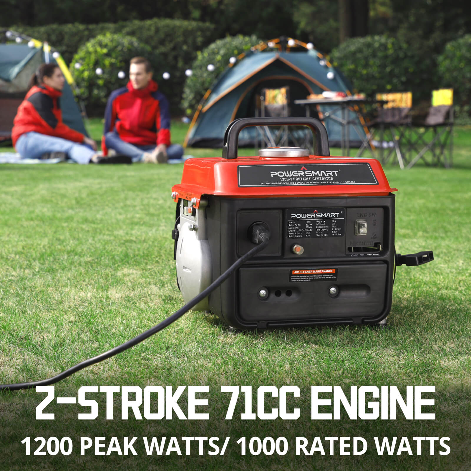 PowerSmart 1200W 2-stroke portable generator for outdoor use, compact outdoor power generator with handle and control panel